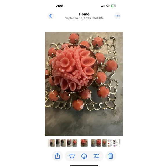 Vintage Faux Carved Coral Celluloid Floral Pin Gold Tone Filigree Brooch - Picture 2 of 3